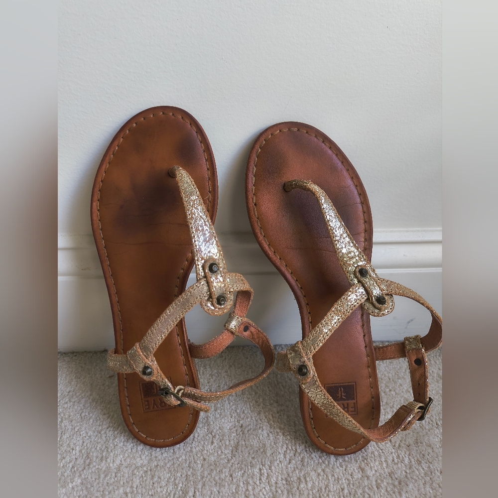Frye Brown Leather Sandals with Gold Straps